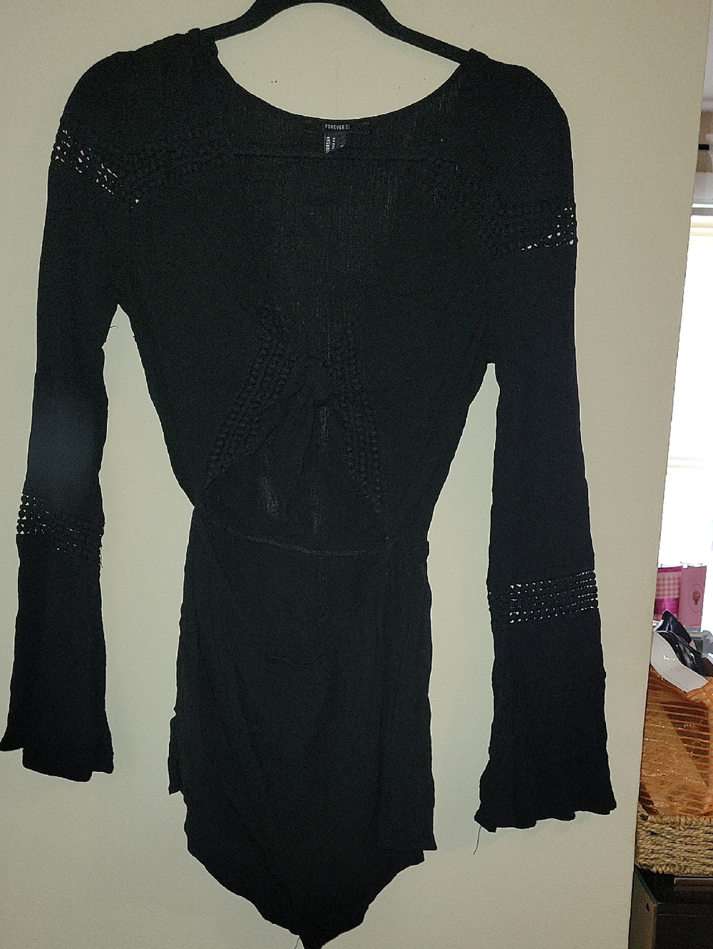 Black Crochet Detail Long-Sleeve Romper